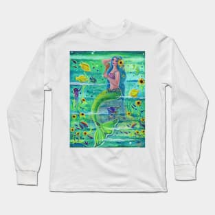 Sunny Sea mermaid" with tropical fish in the ocean copyright Renee L Lavoie Long Sleeve T-Shirt